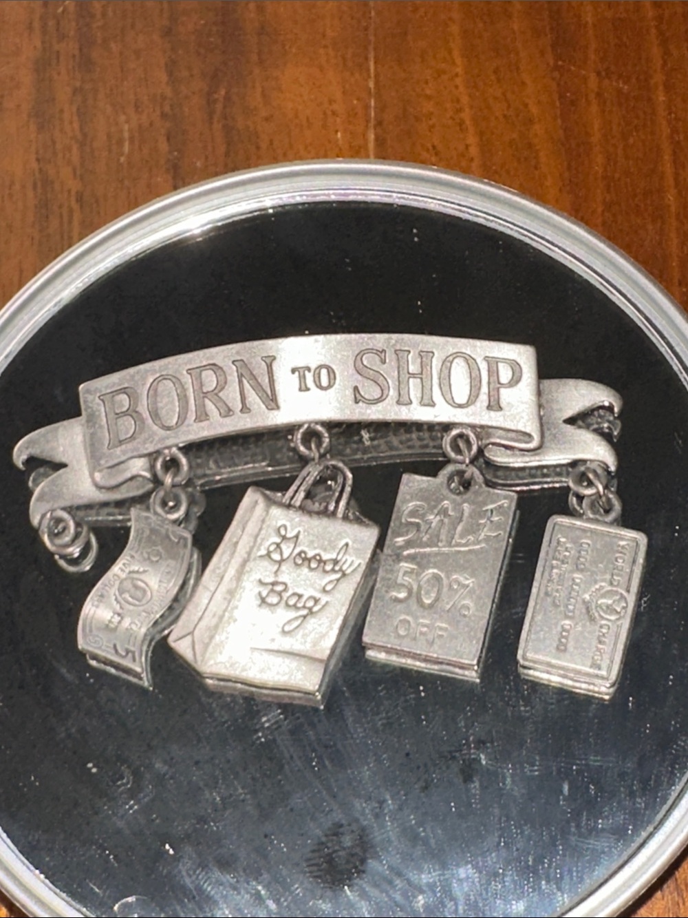 Vintage JJ Jonette “Born to Shop” Silver-Tone Charm Brooch